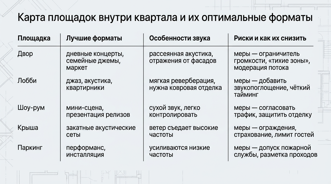Карта площадок внутри квартала и их оптимальные форматы